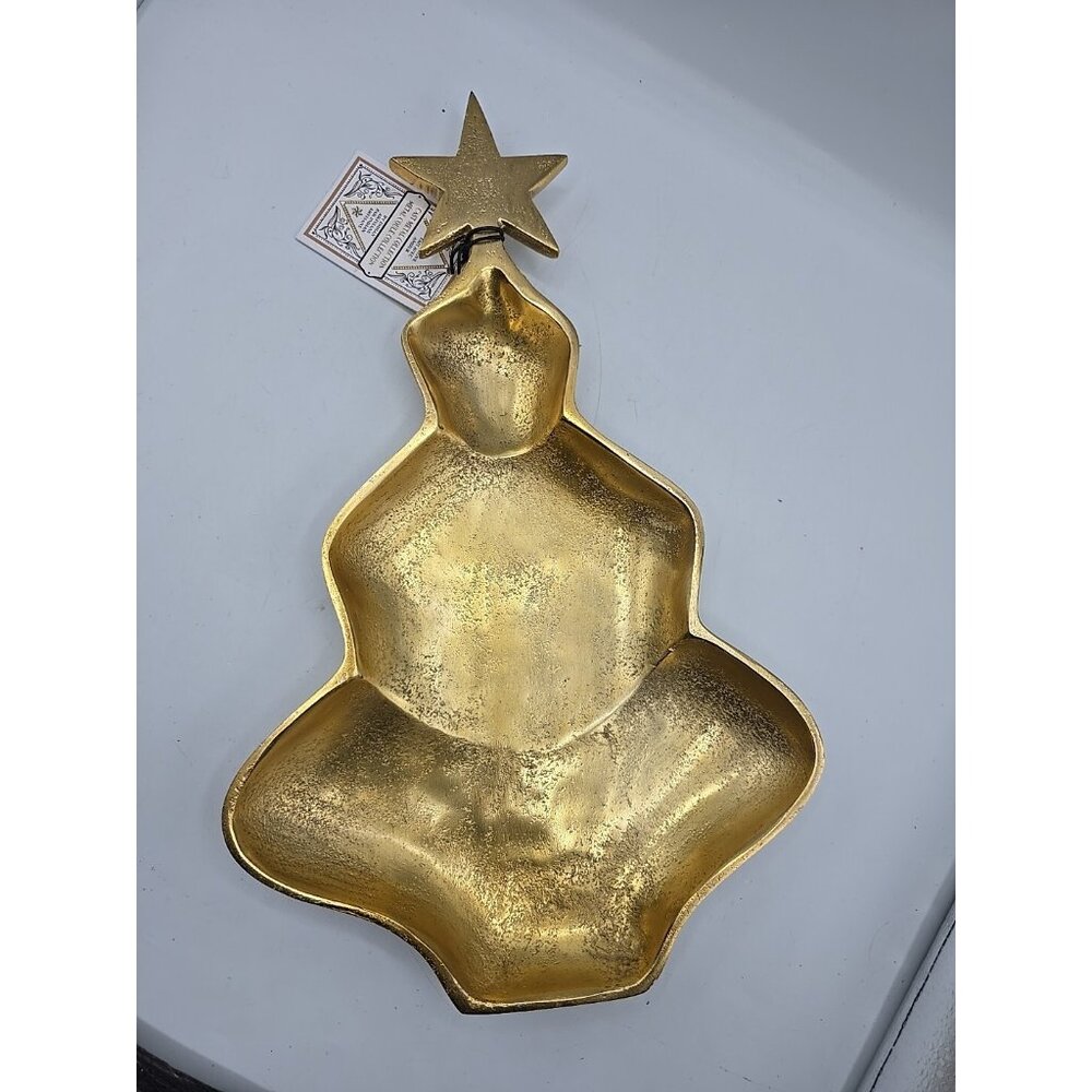 Indian Artisan Brass Christmas Tree Serving Plate Cookie Plate 14" Holiday Decor